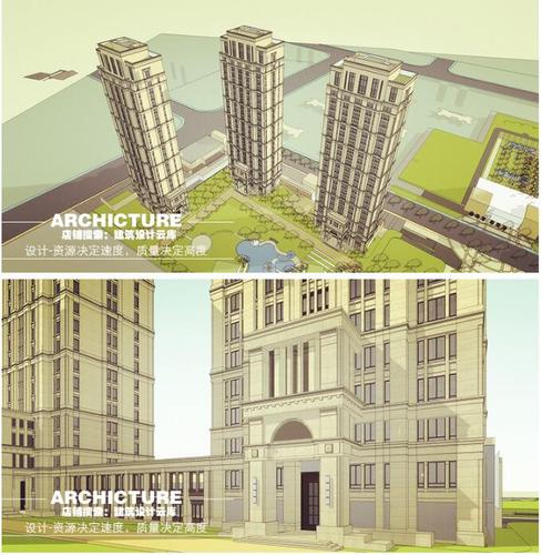 新古典/三段式/社区高层点式住宅/横向线条/石材/建筑设计/su模型